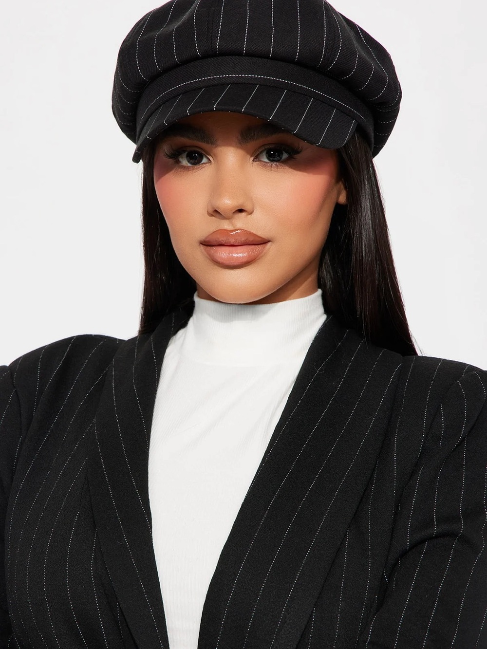 Fashion Nova Black Pinstripe Baker Boy Hat